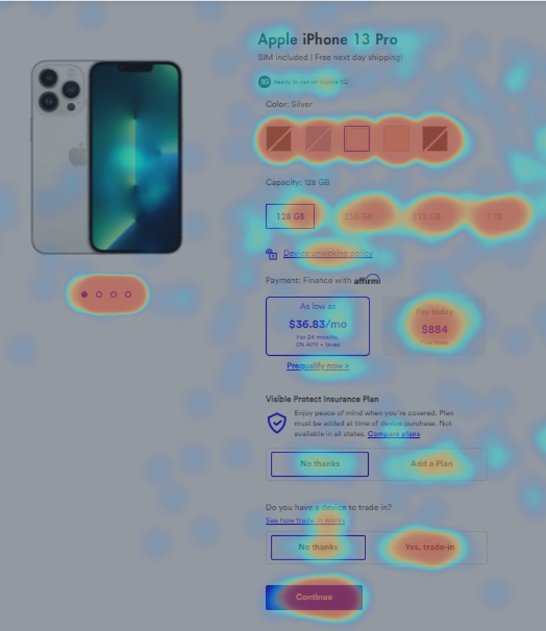 A UX research heatmap overlaid on a mobile screen