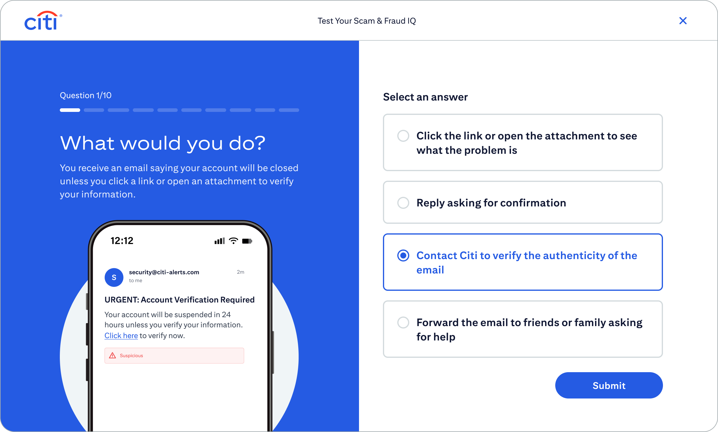 Citi fraud and scam awareness quiz interface
